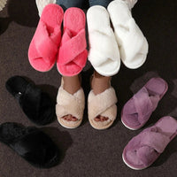 SaneShoppe - Fashion Women Fluffy Slippers Cross Band Soft Plush Cozy House Shoes Furry Open Toe Indoor Outdoor Slip Warm Anti Skid Sole