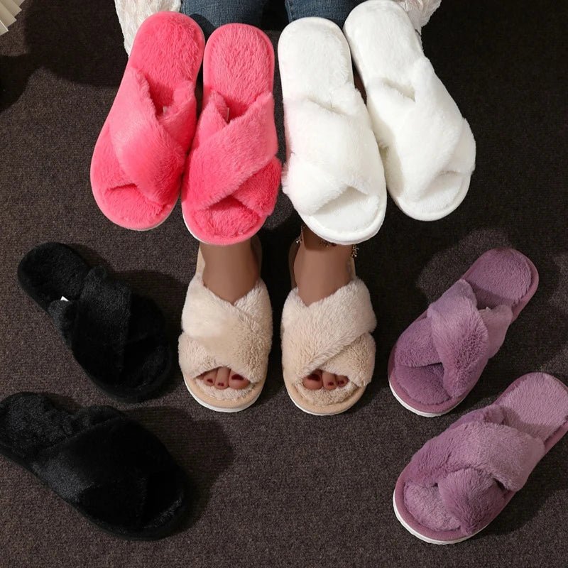 SaneShoppe - Fashion Women Fluffy Slippers Cross Band Soft Plush Cozy House Shoes Furry Open Toe Indoor Outdoor Slip Warm Anti Skid Sole