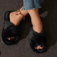 SaneShoppe - Fashion Women Fluffy Slippers Cross Band Soft Plush Cozy House Shoes Furry Open Toe Indoor Outdoor Slip Warm Anti Skid Sole