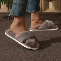 SaneShoppe - Fashion Women Fluffy Slippers Cross Band Soft Plush Cozy House Shoes Furry Open Toe Indoor Outdoor Slip Warm Anti Skid Sole