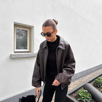 SaneShoppe - Fashionable Street Style Pilot Design Jacket Outerwear in Two Colors Polyester Leather Alternative Loose Fit Long Sleeve Coat