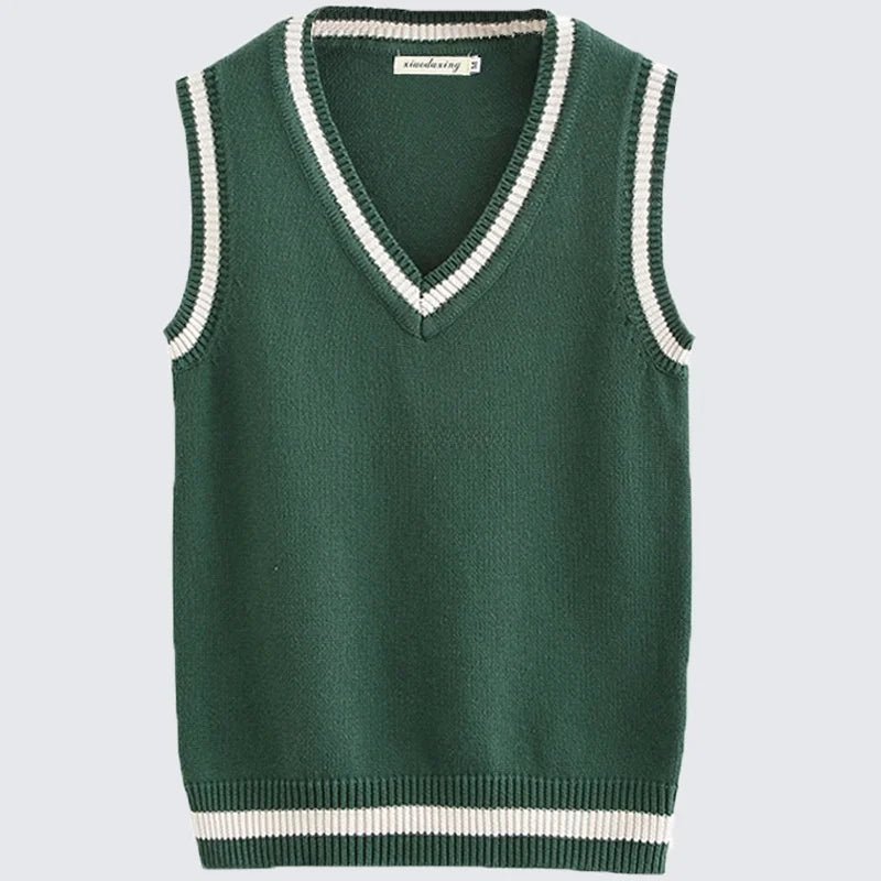 SaneShoppe - ForestGreen JK Striped V - Neck Vest Unisex College Knitted Sweater Vest Sleeveless Pure Cotton Couple's Shoulder Pad
