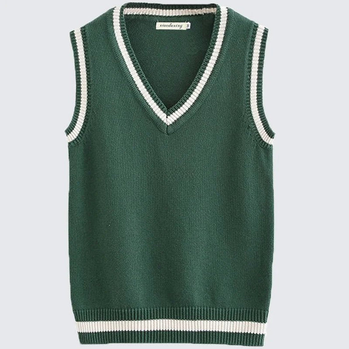 SaneShoppe - ForestGreen JK Striped V - Neck Vest Unisex College Knitted Sweater Vest Sleeveless Pure Cotton Couple's Shoulder Pad