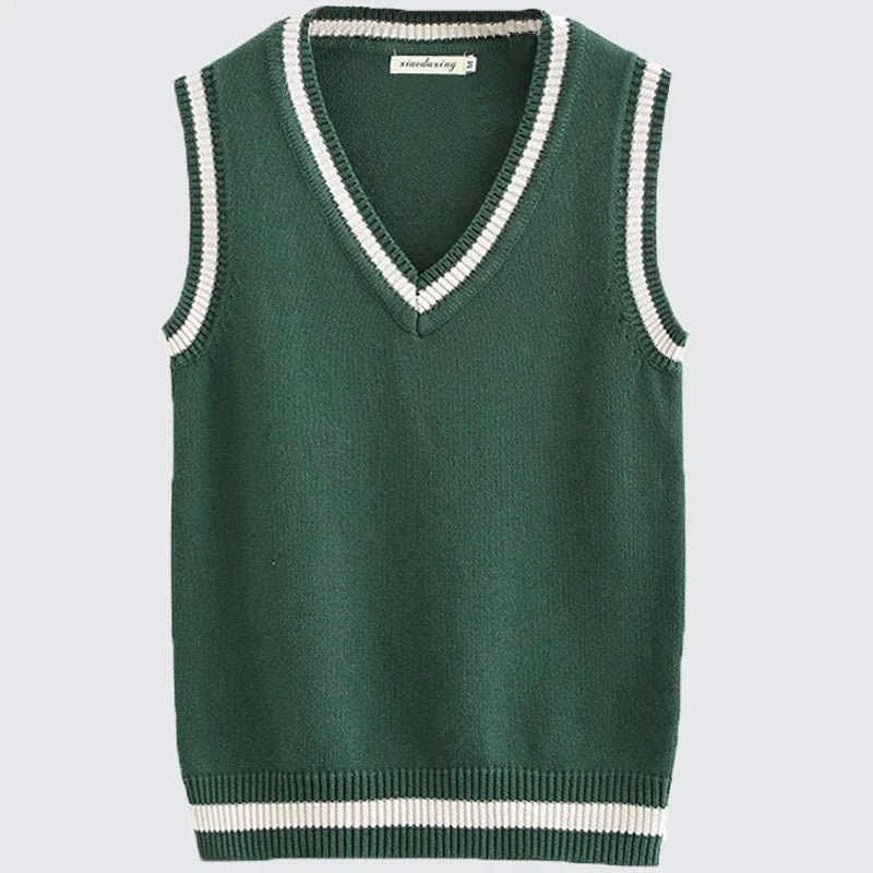 SaneShoppe - ForestGreen JK Striped V - Neck Vest Unisex College Knitted Sweater Vest Sleeveless Pure Cotton Couple's Shoulder Pad