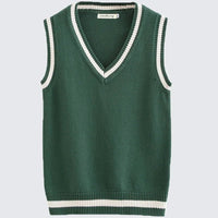 SaneShoppe - ForestGreen JK Striped V - Neck Vest Unisex College Knitted Sweater Vest Sleeveless Pure Cotton Couple's Shoulder Pad