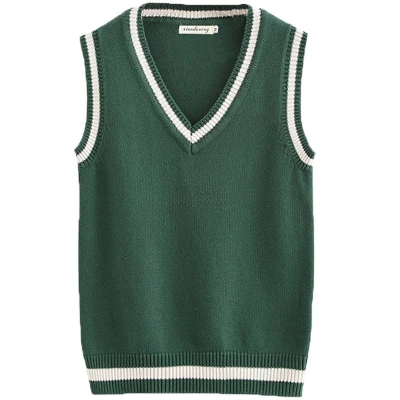 SaneShoppe - ForestGreen JK Striped V - Neck Vest Unisex College Knitted Sweater Vest Sleeveless Pure Cotton Couple's Shoulder Pad