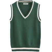 SaneShoppe - ForestGreen JK Striped V - Neck Vest Unisex College Knitted Sweater Vest Sleeveless Pure Cotton Couple's Shoulder Pad