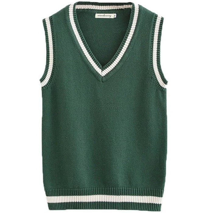 SaneShoppe - ForestGreen JK Striped V - Neck Vest Unisex College Knitted Sweater Vest Sleeveless Pure Cotton Couple's Shoulder Pad