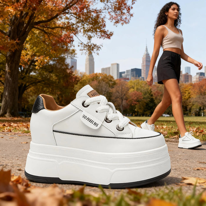 SaneShoppe - Fujin 9cm 3 inch comfortable platform sneakers for women Genuine Leather Women Vulcanized Shoes Platform High Heels Casual Shoes