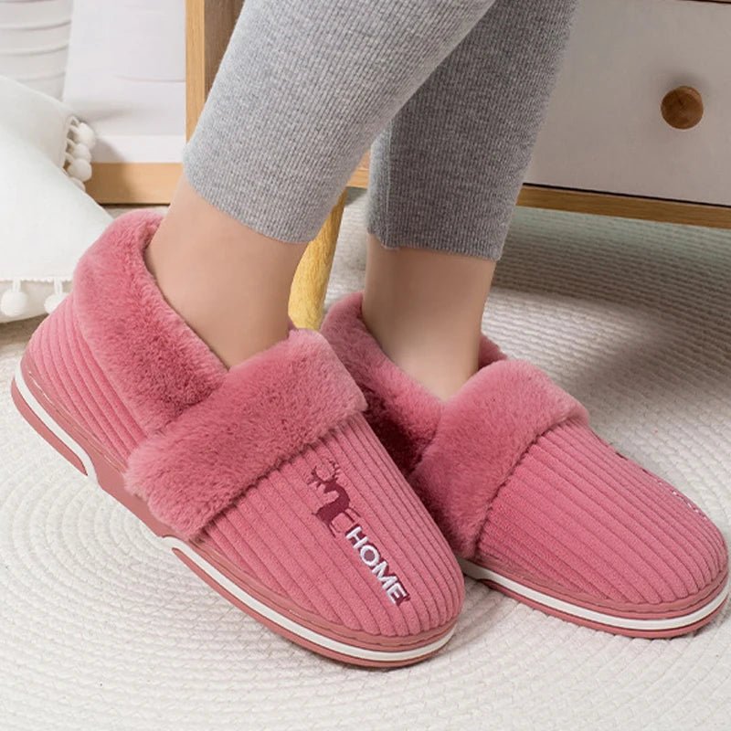 SaneShoppe - Gacimy Warm Cotton Slippers For Women Winter Indoor Soft Flats Shoes Couple Casual Anti - Slip Home Slides Fashion Furry Slippers