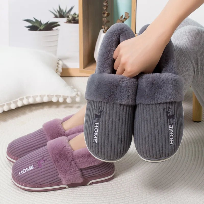 SaneShoppe - Gacimy Warm Cotton Slippers For Women Winter Indoor Soft Flats Shoes Couple Casual Anti - Slip Home Slides Fashion Furry Slippers