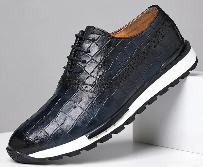 SaneShoppe - Genuine Leather Man Luxury Sneakers Plaid Weave Pattern Lace - up Men Casual White Oxford Shoes Deals Spring Autumn 2025