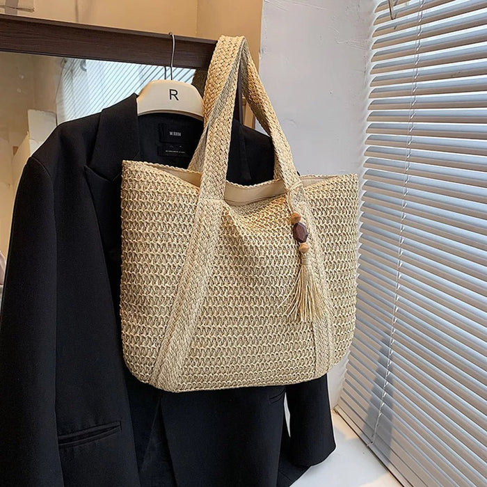 SaneShoppe - Hand - Woven Handbags Summer Ladies Woven Bag Fashion Handmade Simple Large Capacity with Tassel Pendant Shopping Handbag Tote