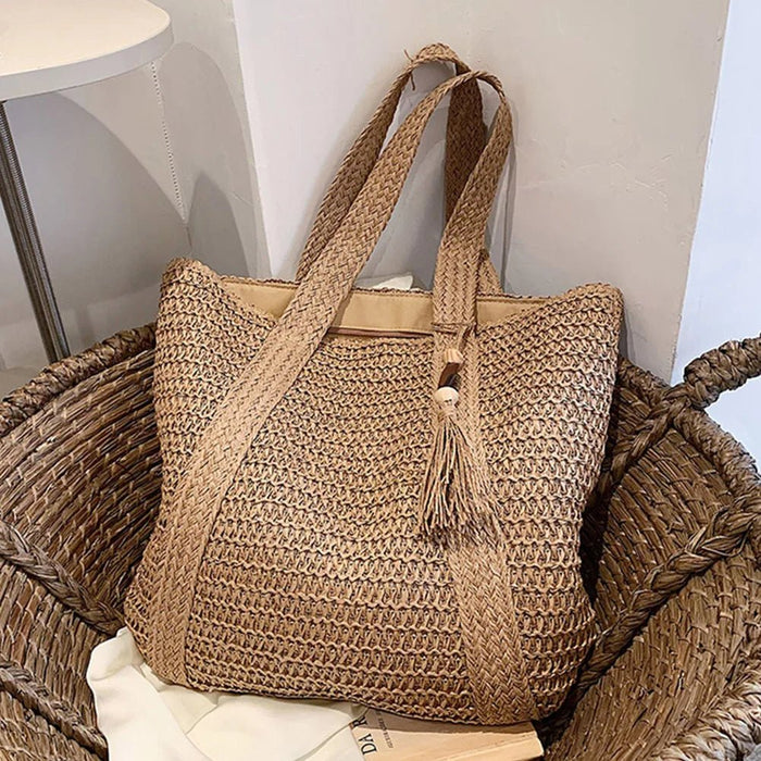 SaneShoppe - Hand - Woven Handbags Summer Ladies Woven Bag Fashion Handmade Simple Large Capacity with Tassel Pendant Shopping Handbag Tote