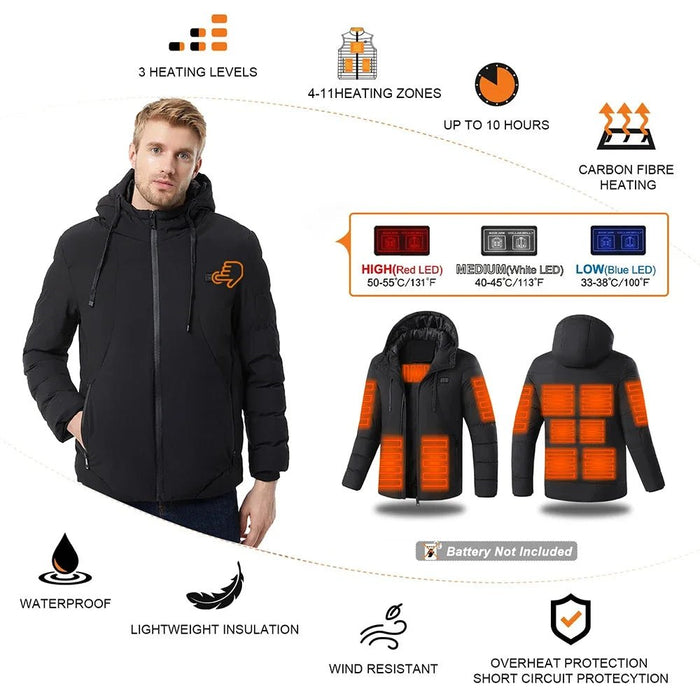 SaneShoppe - Heated Jacket, USB Intelligent Dual Control Switch 4 - 11 Zone Heated Jacket, Men's Women's Warm Cotton Jacket with Removable Hood