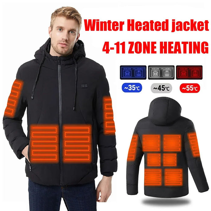 SaneShoppe - Heated Jacket, USB Intelligent Dual Control Switch 4 - 11 Zone Heated Jacket, Men's Women's Warm Cotton Jacket with Removable Hood