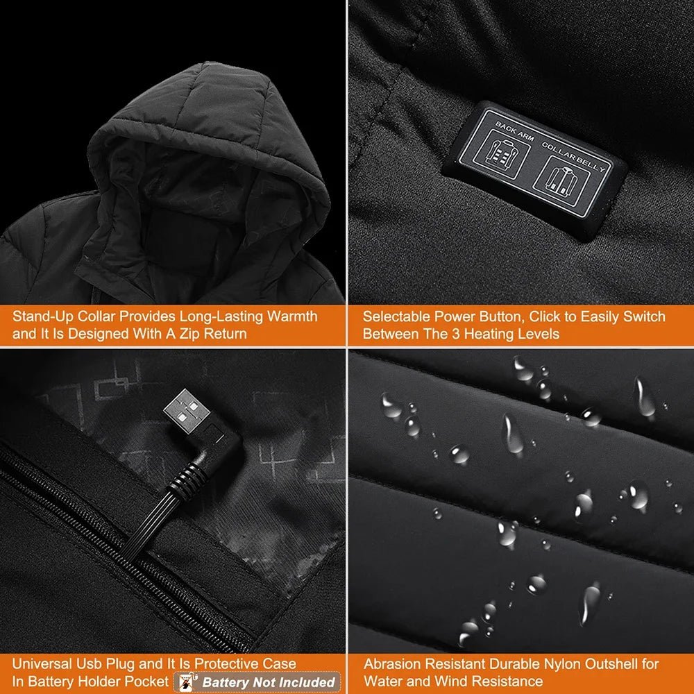 SaneShoppe - Heated Jacket, USB Intelligent Dual Control Switch 4 - 11 Zone Heated Jacket, Men's Women's Warm Cotton Jacket with Removable Hood