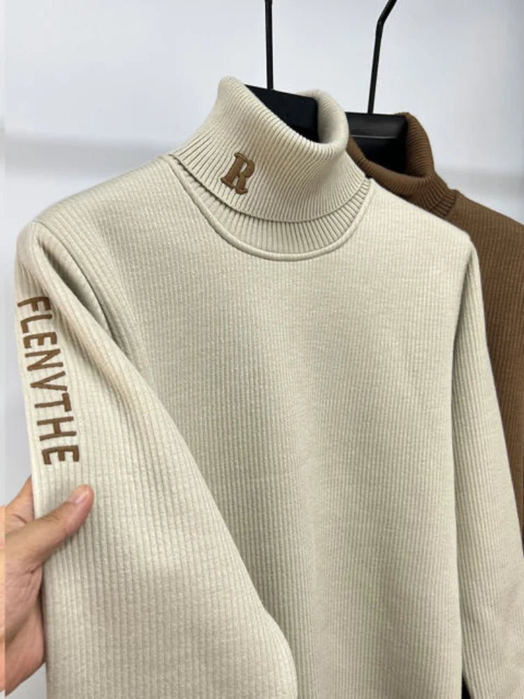 SaneShoppe - High end brand trend letter embroidery knitted sweater men's autumn winter new plush thickened casual warm high collar pullover