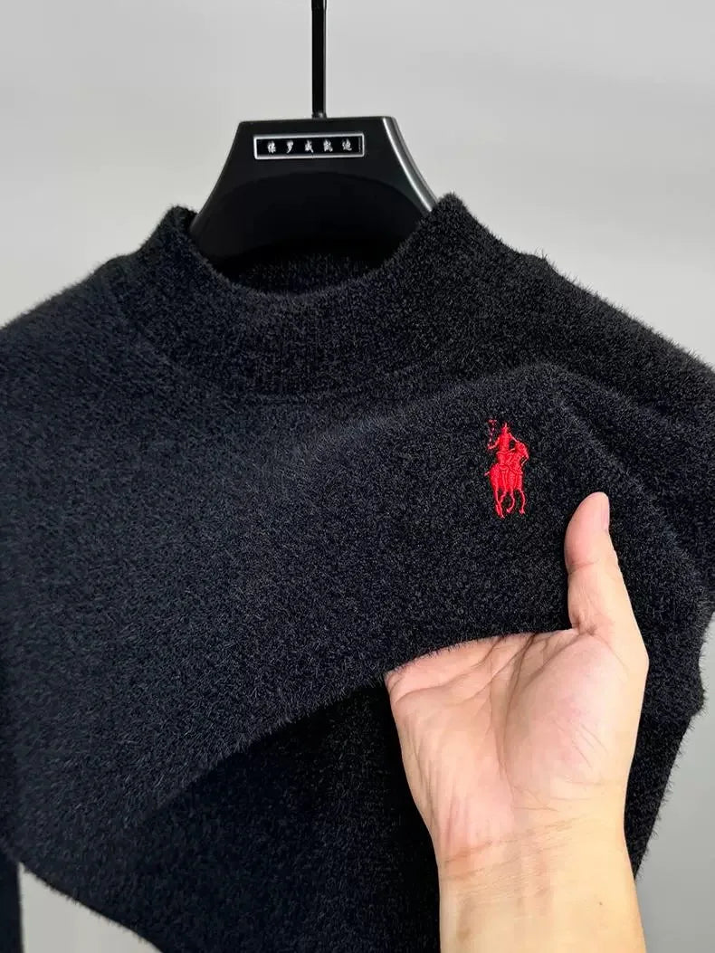 SaneShoppe - High end brand velvet sweater men's new designer fashion exquisite pony embroidery winter thick warm round neck knitted pullover