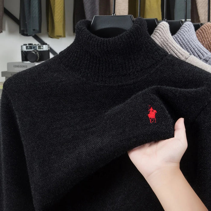 SaneShoppe - High end brand velvet sweater men's new fashion designer exquisite pony embroidery winter thick warm high neck knitted pullover