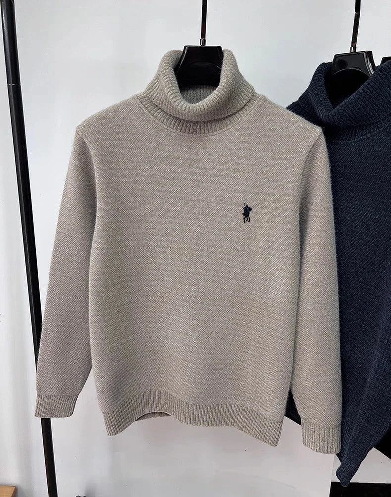 SaneShoppe - High end brand velvet sweater men's new fashion designer exquisite pony embroidery winter thick warm high neck knitted pullover