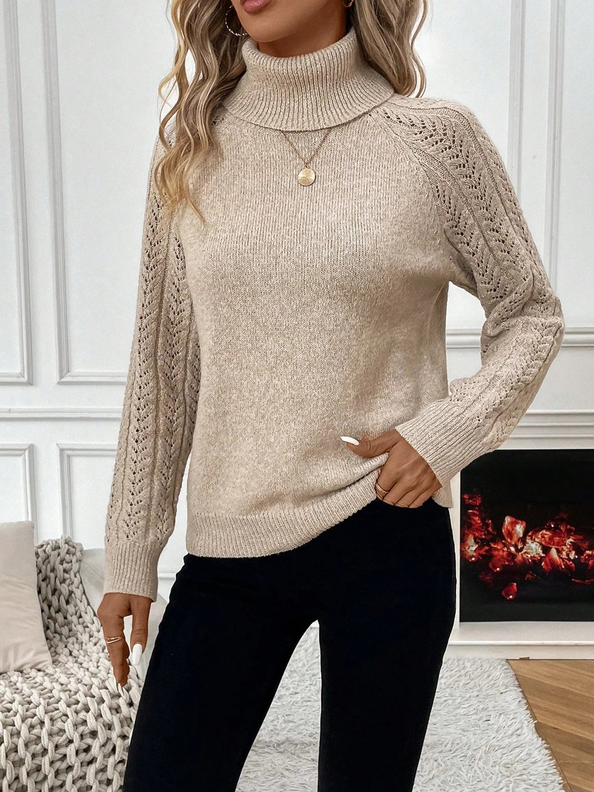 SaneShoppe - High Neck Knit Sweater - 100% Acrylic Hollow Weave, Loose Fit - Women's Casual Pullover for Fall/Winter