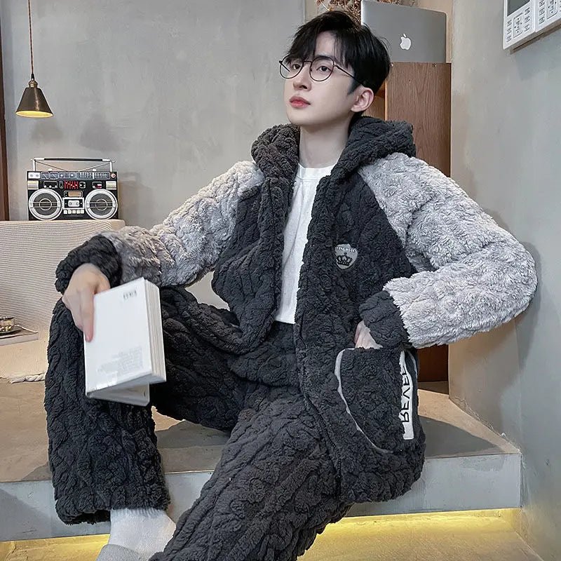 SaneShoppe - Winter Warmth Men's Hooded Coral Fleece Pajama Set