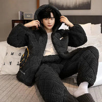 SaneShoppe Hooded Pajamas Male Wintertime Extremely Thick Warm Coral Fleece Three Layers of Cotton Flannel Loungewear Set Pajamas for Men Hooded Pajamas Male Wintertime Extremely Thick Warm Coral Fleece Three Layers of Cotton Flannel Loungewear Set Pajamas for Men