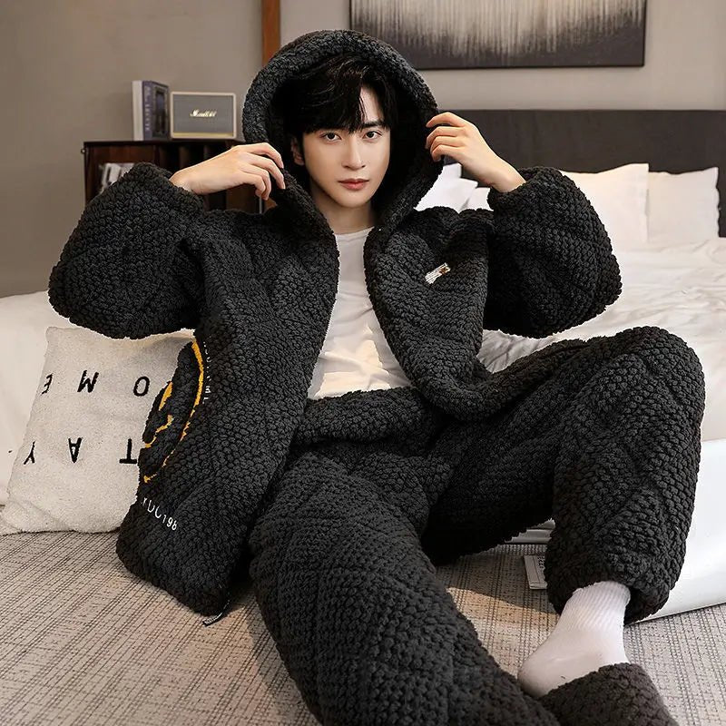 SaneShoppe Hooded Pajamas Male Wintertime Extremely Thick Warm Coral Fleece Three Layers of Cotton Flannel Loungewear Set Pajamas for Men Hooded Pajamas Male Wintertime Extremely Thick Warm Coral Fleece Three Layers of Cotton Flannel Loungewear Set Pajamas for Men