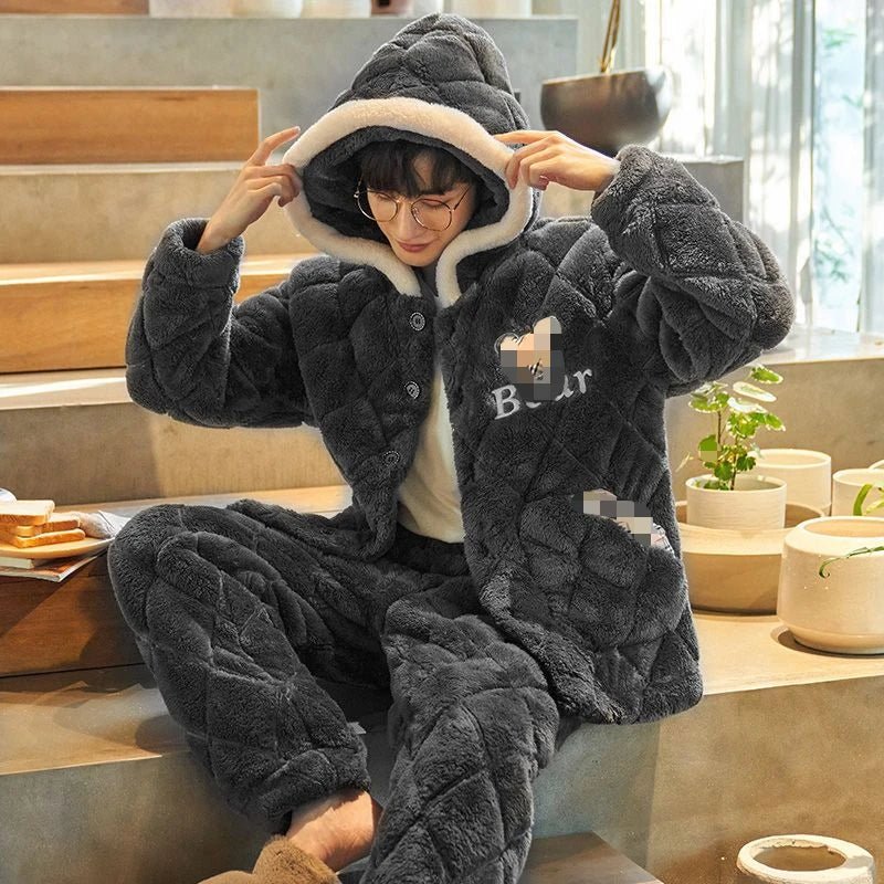 SITMCF Winter Warmth Men's Hooded Coral Fleece Pajama Set