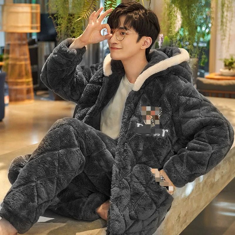 SaneShoppe - Winter Warmth Men's Hooded Coral Fleece Pajama Set