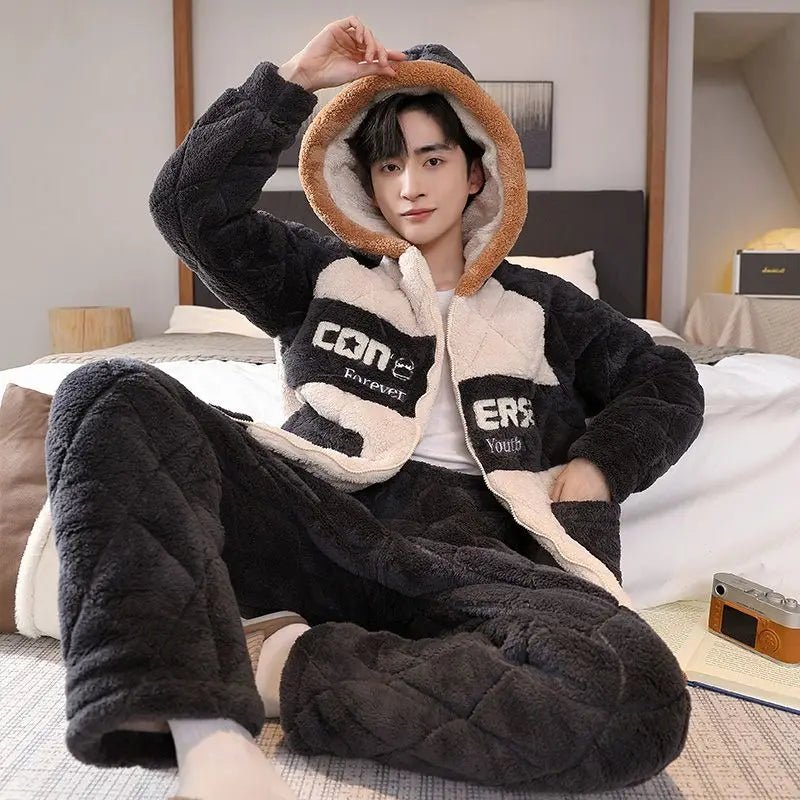 SITMCF Winter Warmth Men's Hooded Coral Fleece Pajama Set