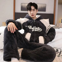 SITMCF Winter Warmth Men's Hooded Coral Fleece Pajama Set