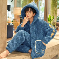 SITMCF Winter Warmth Men's Hooded Coral Fleece Pajama Set