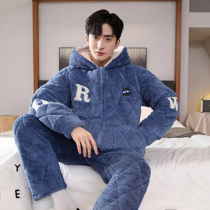 SITMCF Hooded Pajamas Male Wintertime Extremely Thick Warm Coral Fleece Three Layers of Cotton Flannel Loungewear Set Pajamas for Men