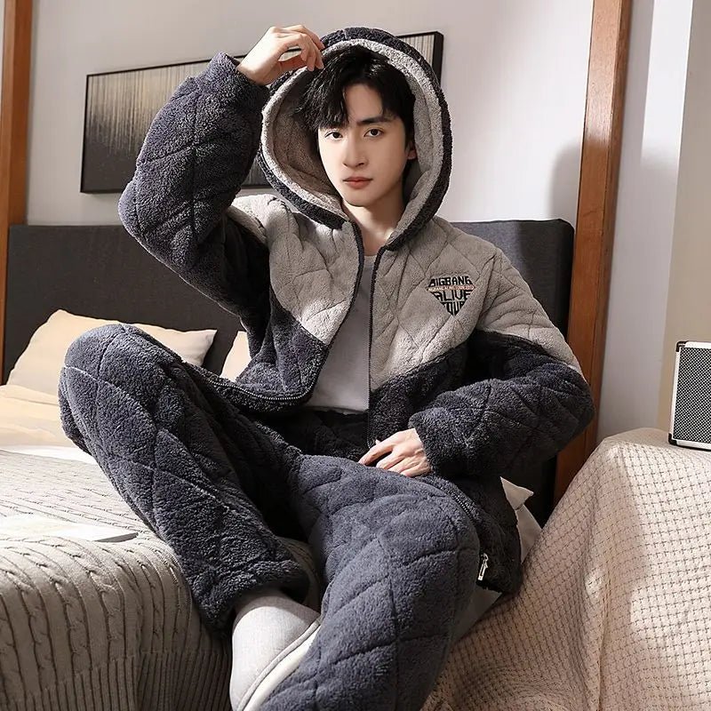 SITMCF Hooded Pajamas Male Wintertime Extremely Thick Warm Coral Fleece Three Layers of Cotton Flannel Loungewear Set Pajamas for Men