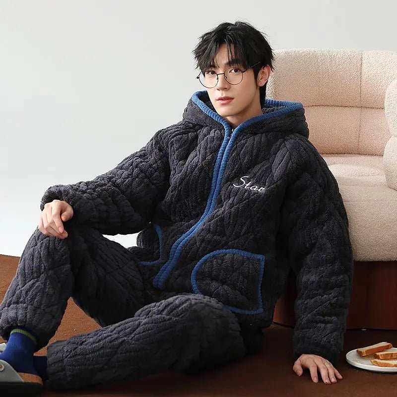SaneShoppe - Winter Warmth Men's Hooded Coral Fleece Pajama Set