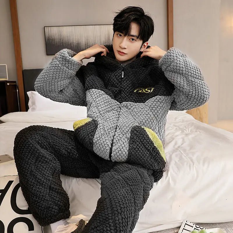 SaneShoppe - Winter Warmth Men's Hooded Coral Fleece Pajama Set