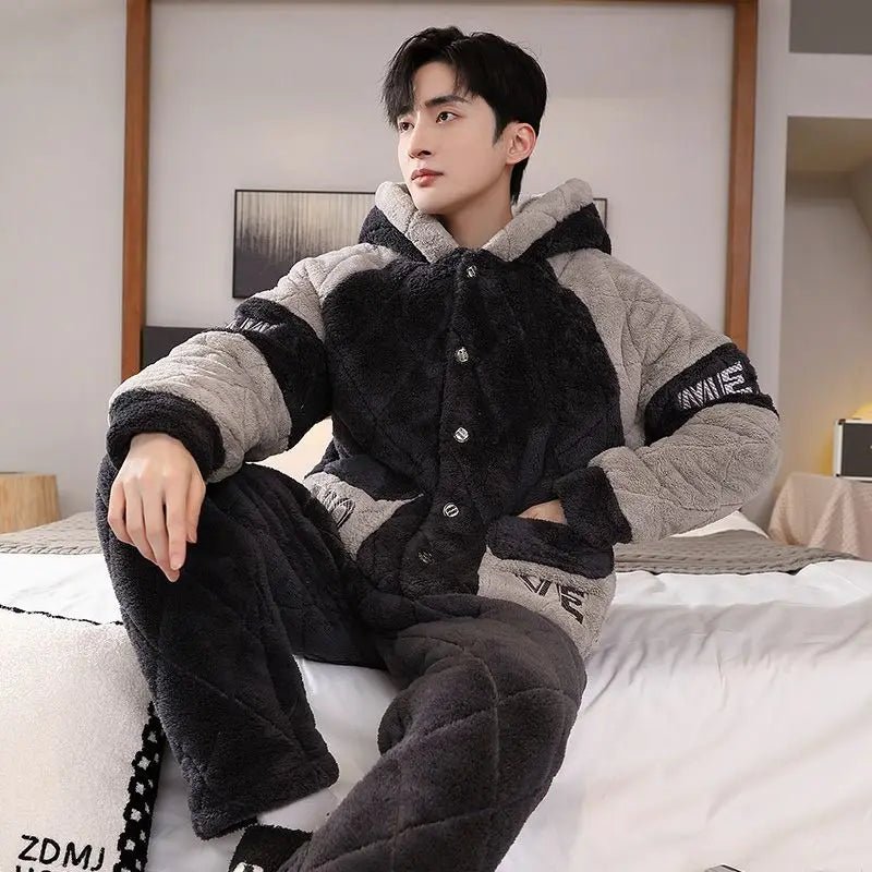 SaneShoppe - Winter Warmth Men's Hooded Coral Fleece Pajama Set