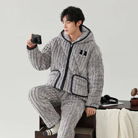 SaneShoppe - Winter Warmth Men's Hooded Coral Fleece Pajama Set