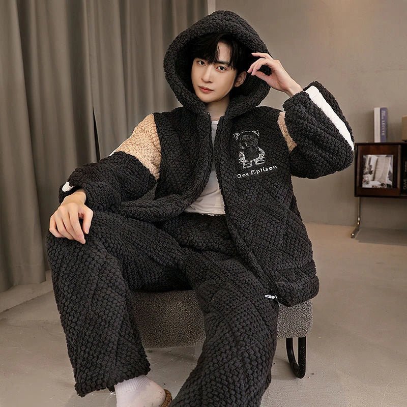 SaneShoppe Hooded Pajamas Male Wintertime Extremely Thick Warm Coral Fleece Three Layers of Cotton Flannel Loungewear Set Pajamas for Men Hooded Pajamas Male Wintertime Extremely Thick Warm Coral Fleece Three Layers of Cotton Flannel Loungewear Set Pajamas for Men