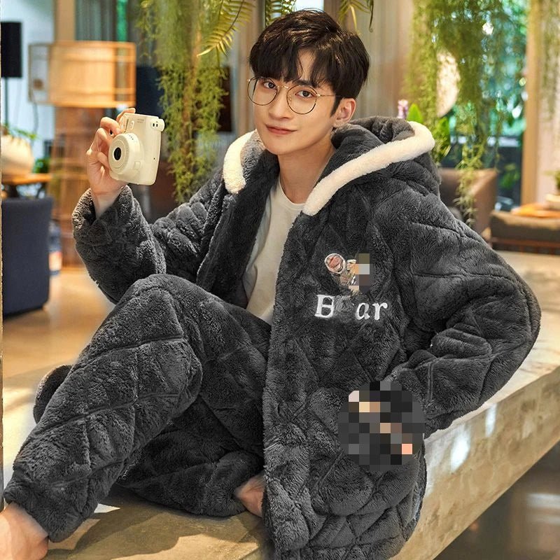 SaneShoppe - Winter Warmth Men's Hooded Coral Fleece Pajama Set