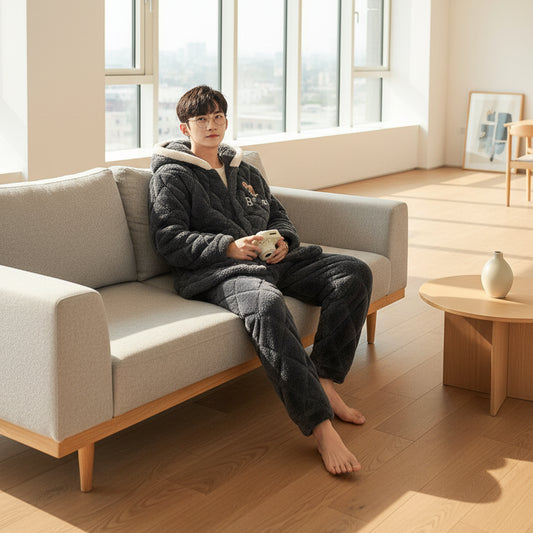 SaneShoppe - Winter Warmth Men's Hooded Coral Fleece Pajama Set