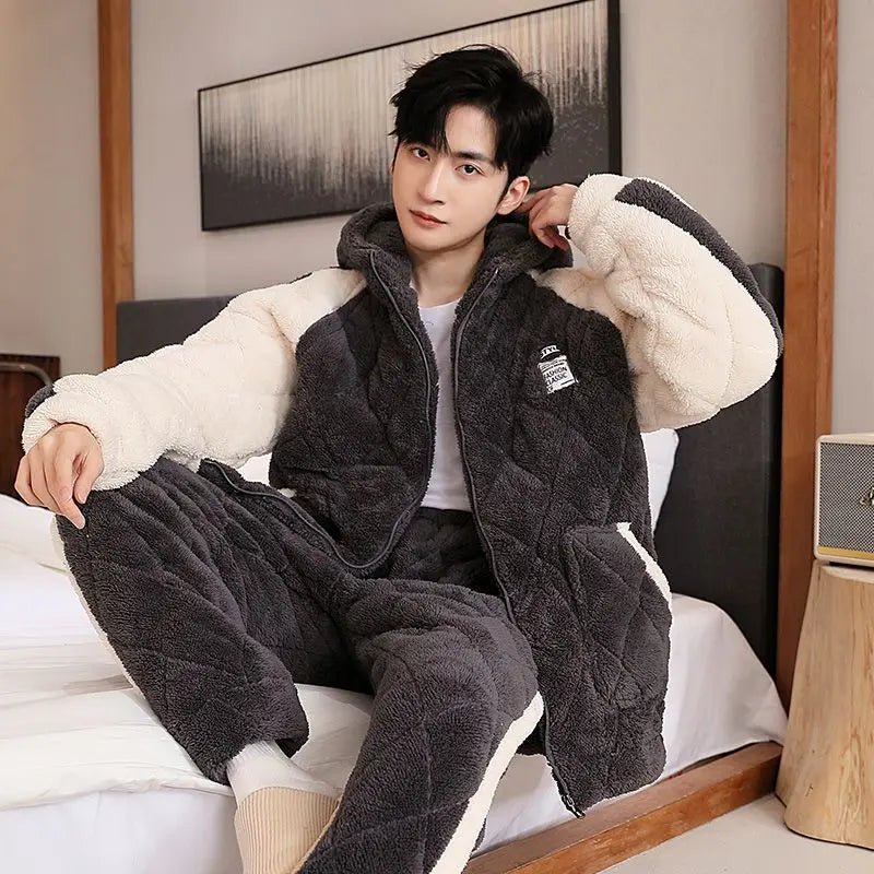 SaneShoppe Winter Warmth Men's Hooded Coral Fleece Pajama Set