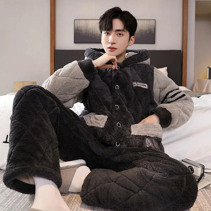 SITMCF Hooded Pajamas Male Wintertime Extremely Thick Warm Coral Fleece Three Layers of Cotton Flannel Loungewear Set Pajamas for Men