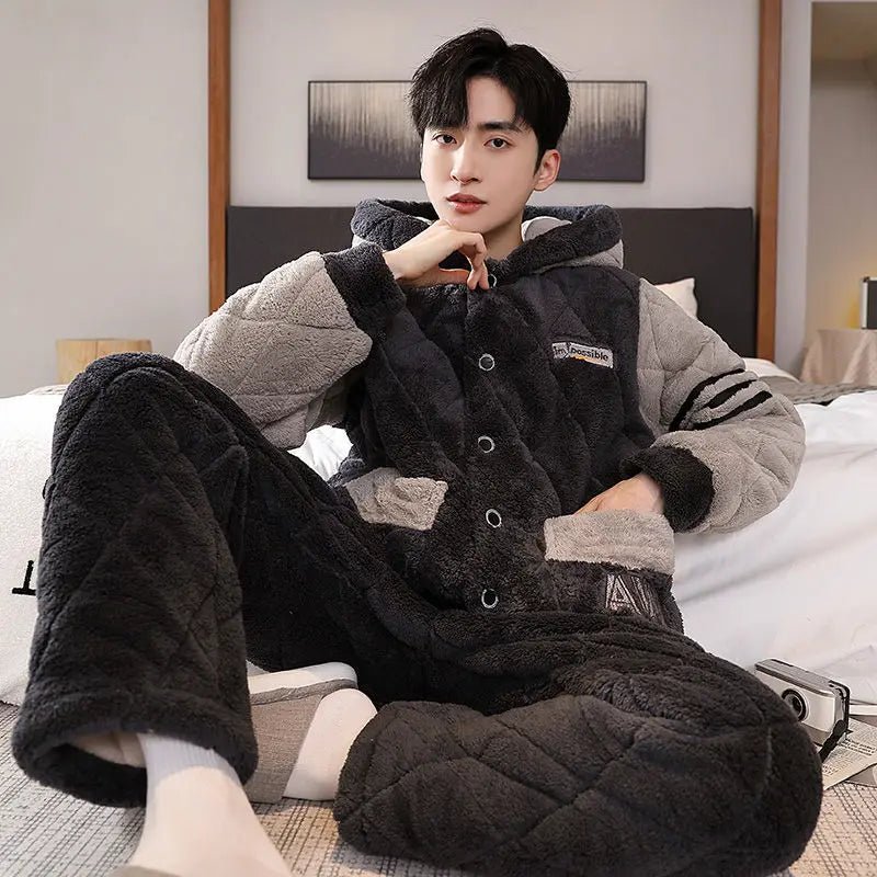SITMCF Hooded Pajamas Male Wintertime Extremely Thick Warm Coral Fleece Three Layers of Cotton Flannel Loungewear Set Pajamas for Men