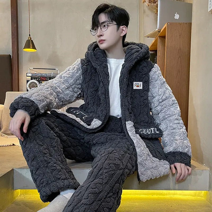 SITMCF Winter Warmth Men's Hooded Coral Fleece Pajama Set