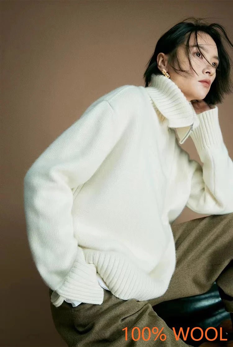 SaneShoppe - Hot Sale 2025 Women 100% Merino wool Sweater Knit Zipper High Neck Lapel Pullover Autumn Winter New Fashion Clothe Thick Warm