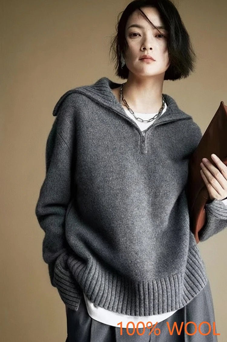SaneShoppe - Hot Sale 2025 Women 100% Merino wool Sweater Knit Zipper High Neck Lapel Pullover Autumn Winter New Fashion Clothe Thick Warm