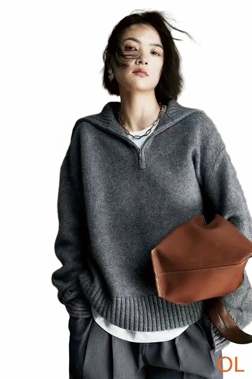 SaneShoppe - Hot Sale 2025 Women 100% Merino wool Sweater Knit Zipper High Neck Lapel Pullover Autumn Winter New Fashion Clothe Thick Warm